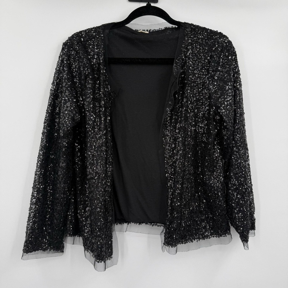 J.CREW Cardigan Sweater Womens M Black Sequin Beaded Open Sheer Lined Party